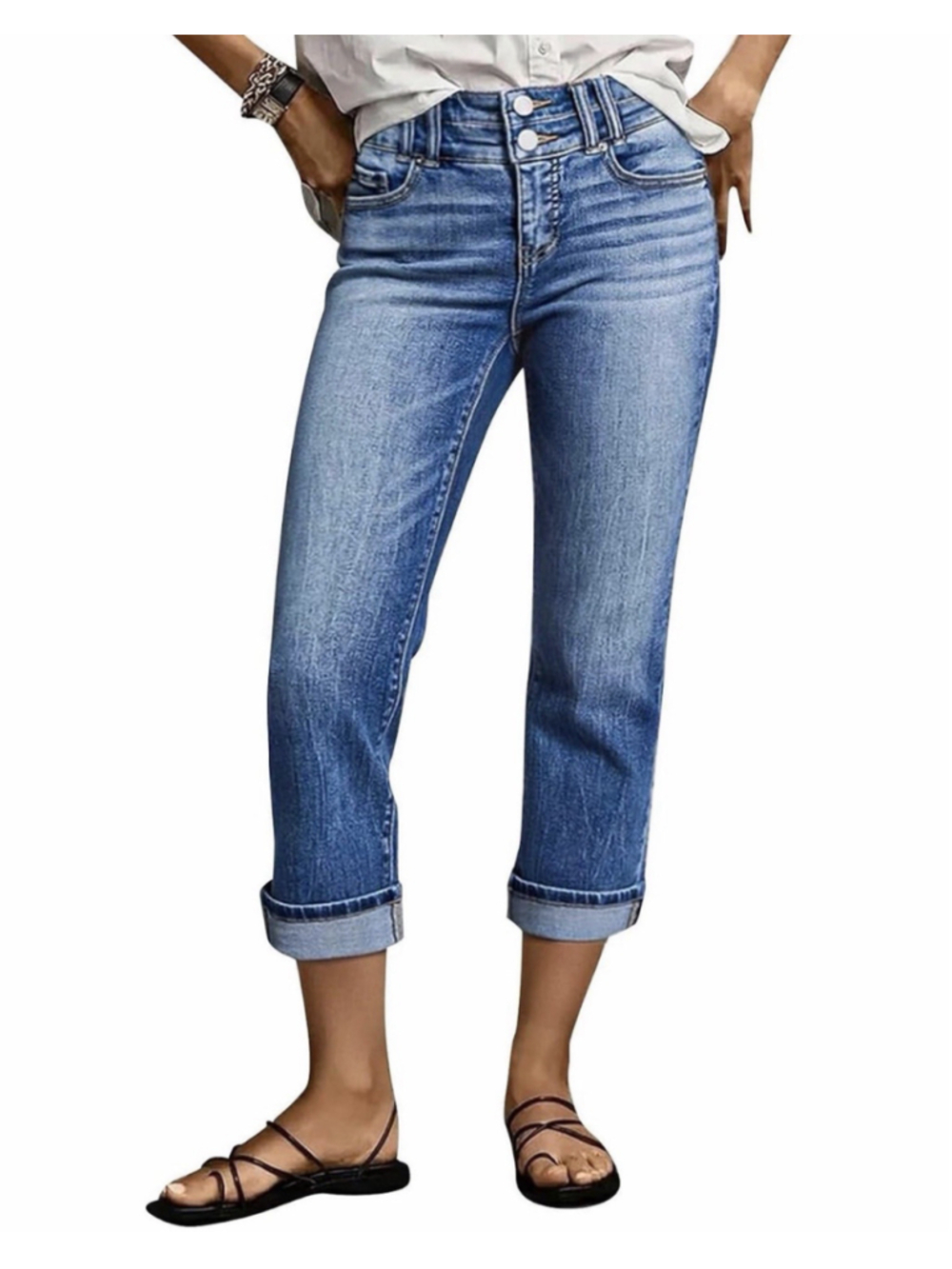 Flamingals Capri Jeans for Women Mid Rise Straight Leg Cropped Jeans Stretchy L